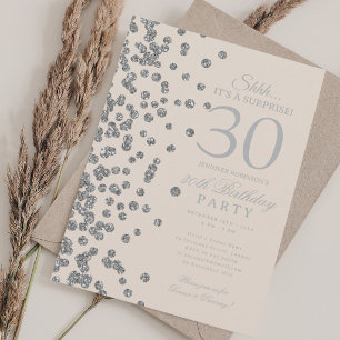 Silver Glitter Surprise 30th Birthday Champagne Invitation