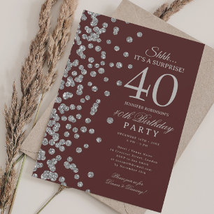 Silver Glitter Surprise 40th Birthday Burgundy Invitation