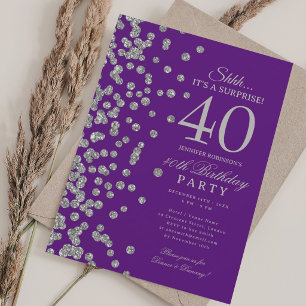 Silver Glitter Surprise 40th Birthday Purple Invitation