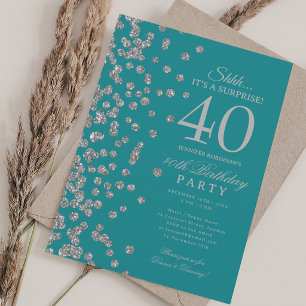 Silver Glitter Surprise 40th Birthday Turquoise Invitation