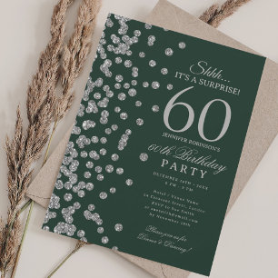 Silver Glitter Surprise 60th Birthday Green Invitation