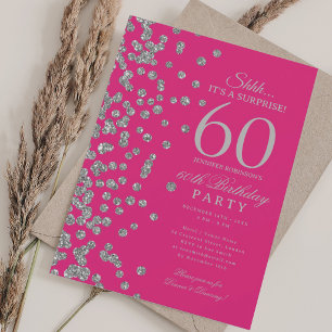 Silver Glitter Surprise 60th Birthday Hot Pink  Invitation