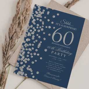 Silver Glitter Surprise 60th Birthday Navy Blue Invitation