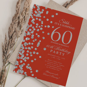 Silver Glitter Surprise 60th Birthday Party Red  Invitation