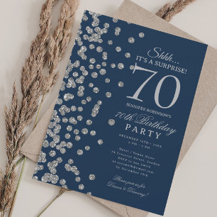Silver Glitter Surprise 70th Birthday Navy Blue Invitation