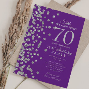 Silver Glitter Surprise 70th Birthday Purple Invitation