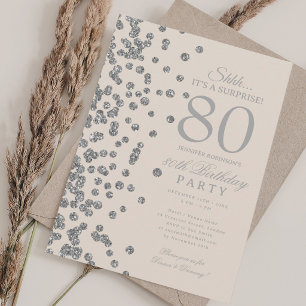  Silver Glitter Surprise 80th Birthday Champagne  Invitation