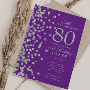  Silver Glitter Surprise 80th Birthday Purple  Invitation