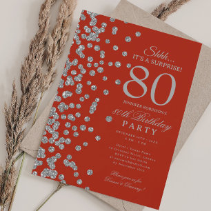 Silver Glitter Surprise 80th Birthday Red Invitation