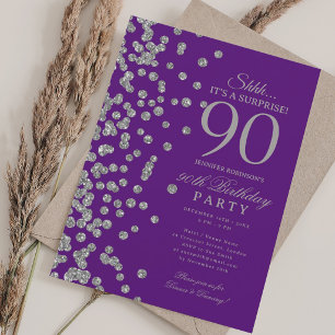 Silver Glitter Surprise 90th Birthday Purple Invitation