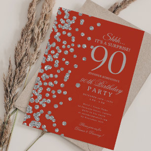 Silver Glitter Surprise 90th Birthday Red Invitation