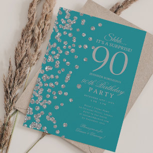 Silver Glitter Surprise 90th Birthday Turquoise Invitation