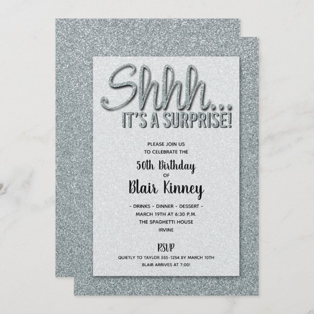 Silver Glitter SURPRISE Birthday Invitations (Front/Back)