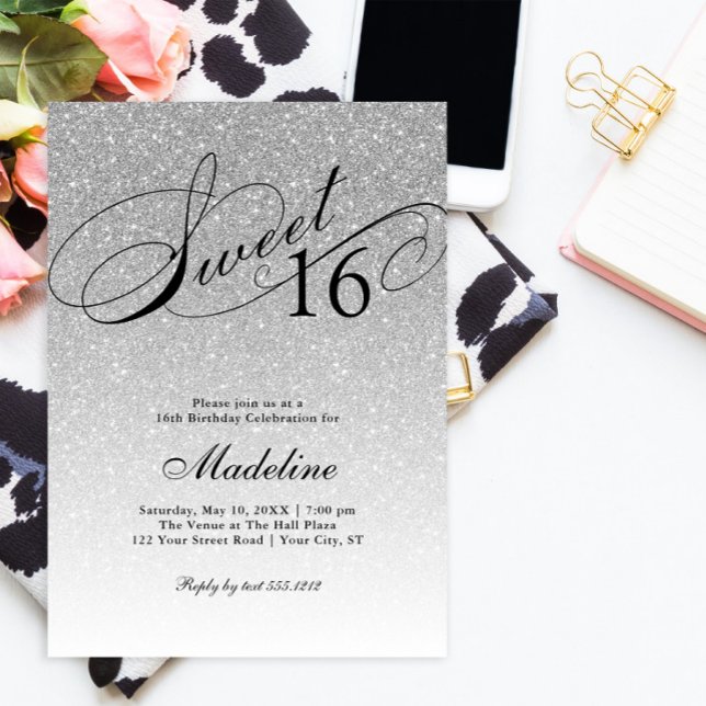 Silver Glitter Sweet 16 Fancy Script Invitation (Creator Uploaded)