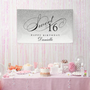 Silver Glitter Sweet 16 Personalised Birthday Banner