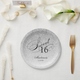 Silver Glitter Sweet 16 Personalised Paper Plate