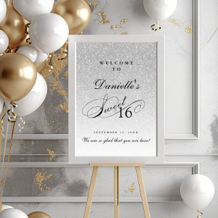 Silver Glitter Sweet 16 Personalised Welcome Poster
