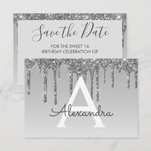 Silver Glitter Sweet 16 Save the Date Invitation