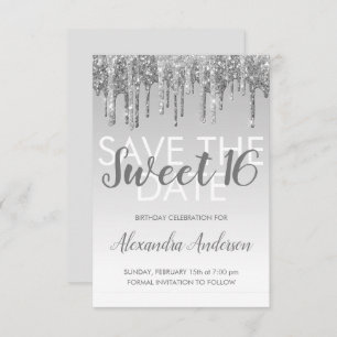 Silver Glitter Sweet 16 Save the Date Invitation