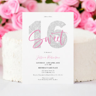 Silver glitter Sweet 16 script photo birthday Invitation