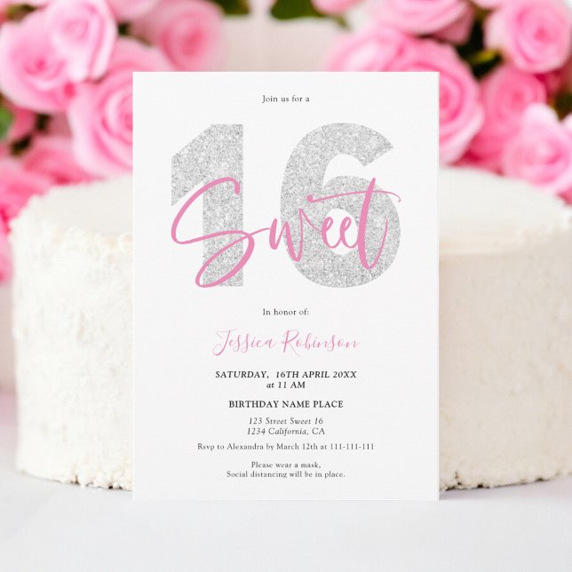 Silver glitter Sweet 16 script photo birthday Invitation (Silver glitter Sweet 16 script photo birthday Invitation)