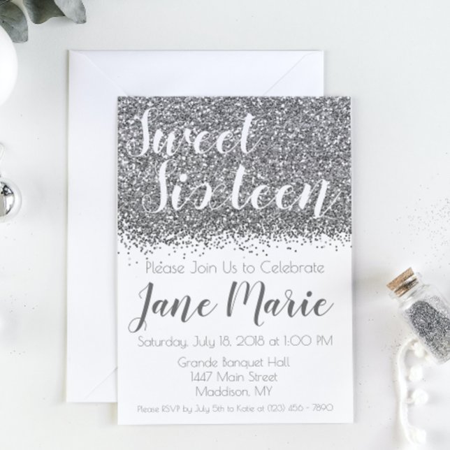 Silver Glitter Sweet Sixteen Birthday Invitation (Creator Uploaded)