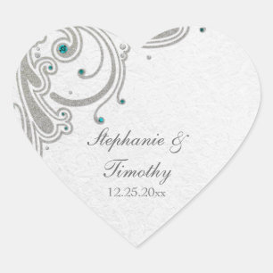 Silver glitter swirls + aqua jewel wedding sticker