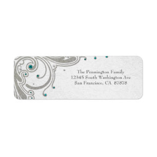 Silver glitter swirls + aqua jewels address label return address label