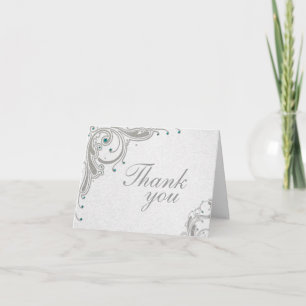 Silver glitter swirls + aqua jewels thank you card