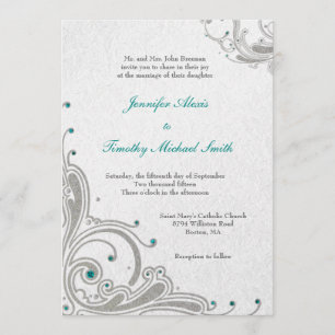 Silver glitter swirls + aqua jewels wedding invite