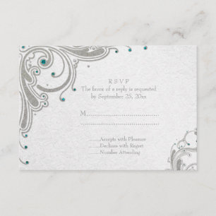 Silver glitter swirls + aqua jewels wedding RSVP Card