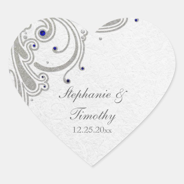 Silver glitter swirls + blue jewel wedding sticker (Front)