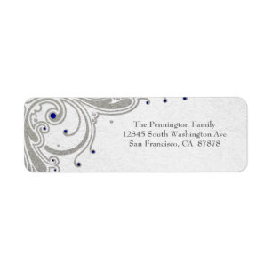 Silver glitter swirls + blue jewels address label return address label