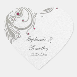 Silver glitter swirls + pink jewel wedding sticker