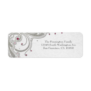 Silver glitter swirls + pink jewels address label return address label