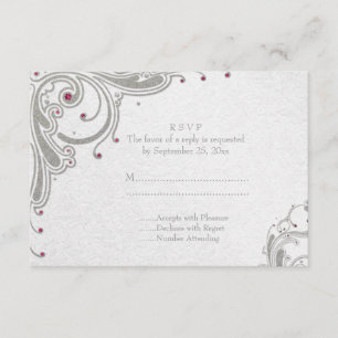 Silver glitter swirls + pink jewels wedding RSVP Card