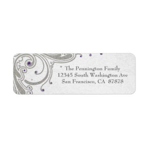 Silver glitter swirls + purple jewel address label return address label