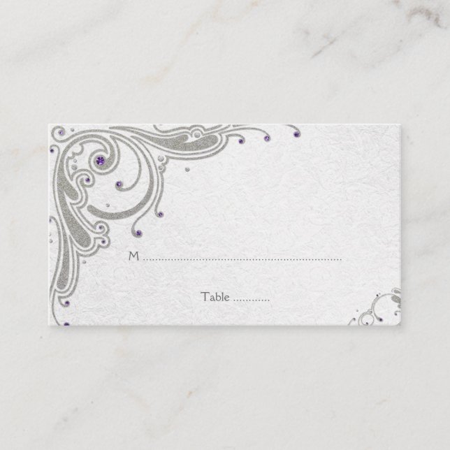 Silver glitter swirls + purple jewel place card (Front)