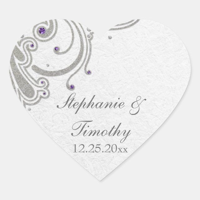 Silver glitter swirls purple jewel wedding sticker (Front)