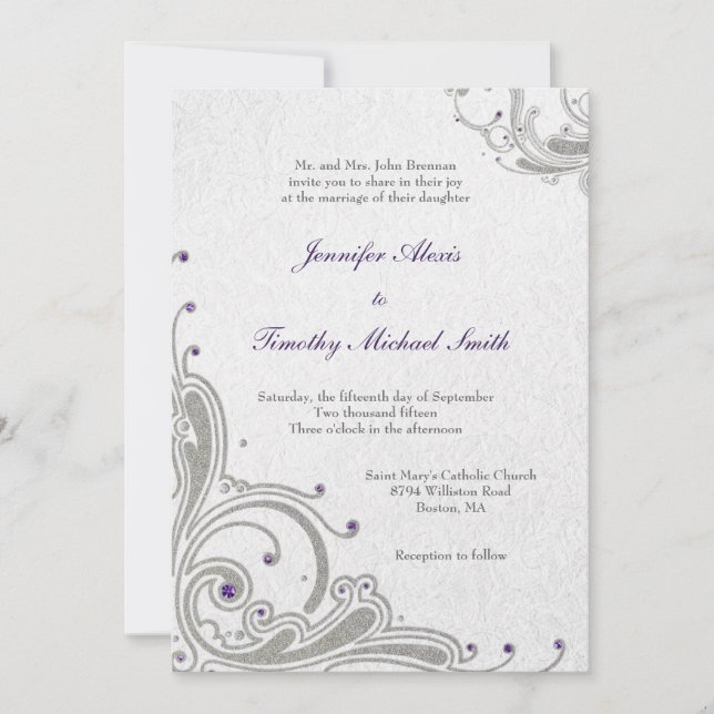 Silver glitter swirls purple jewels wedding invite (Front)