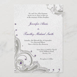 Silver glitter swirls purple jewels wedding invite