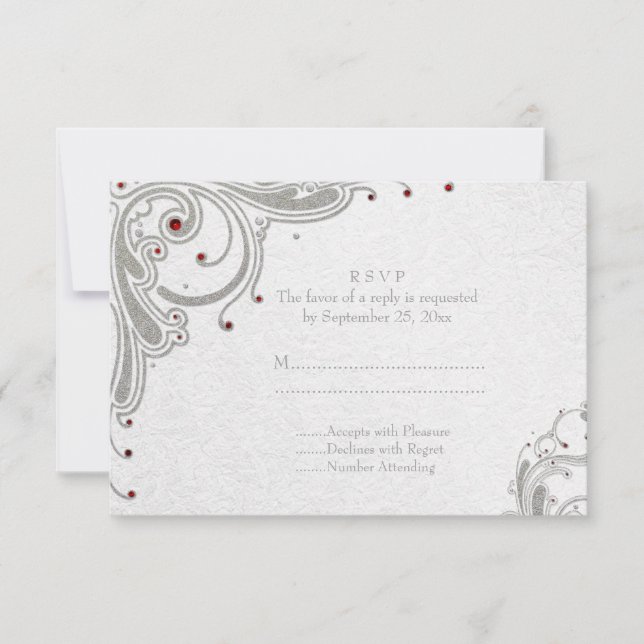 Silver glitter swirls + red jewels wedding RSVP (Front)