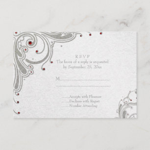 Silver glitter swirls + red jewels wedding RSVP Card