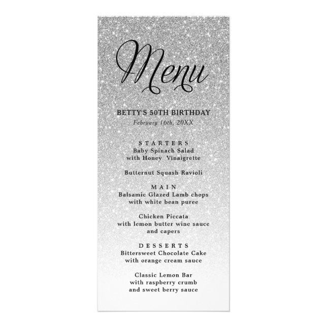 Silver Glitter Tall Menu Card (Front)