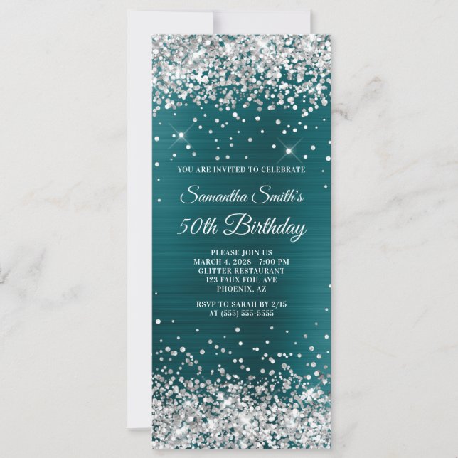 Silver Glitter Teal Blue Foil 50th Birthday Invitation (Front)