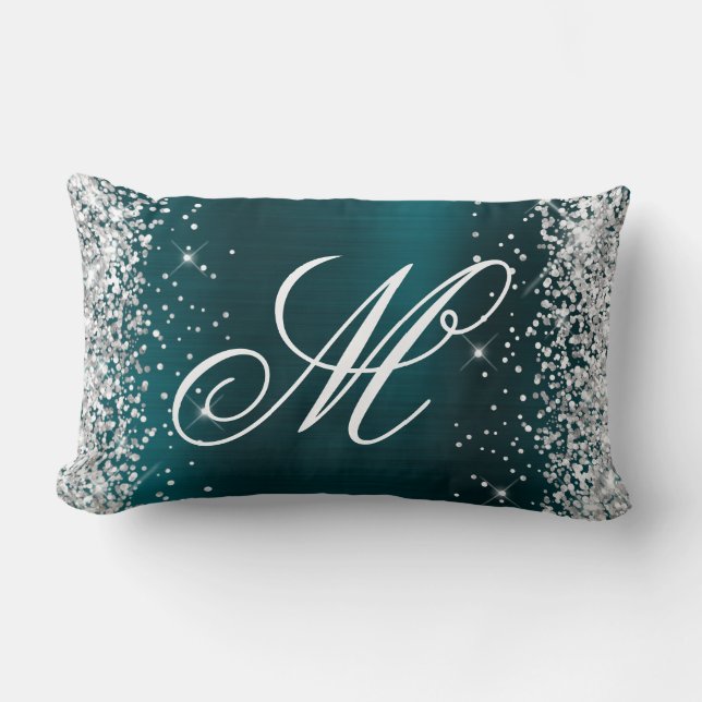 Silver Glitter Teal Blue Foil Fancy Monogrammed Lumbar Cushion (Front)
