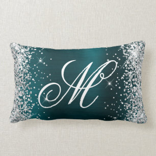 Silver Glitter Teal Blue Foil Fancy Monogrammed Lumbar Cushion