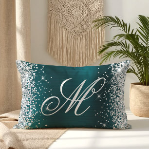 Silver Glitter Teal Blue Foil Fancy Monogrammed Lumbar Cushion