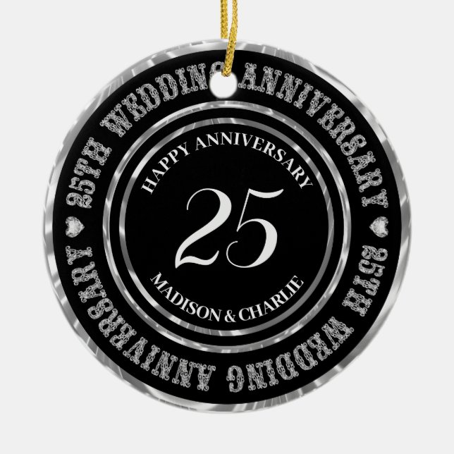 Silver Glitter Text And Hearts Ceramic Ornament (Front)