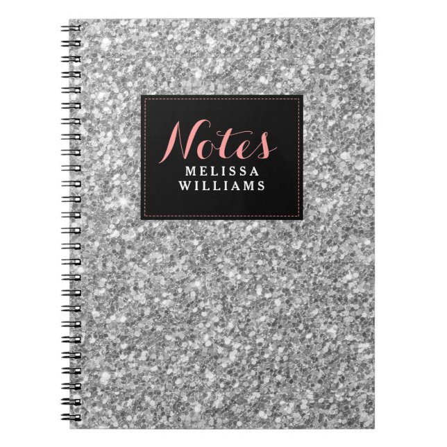 Silver Glitter Texture Black Accents Notebook (Front)